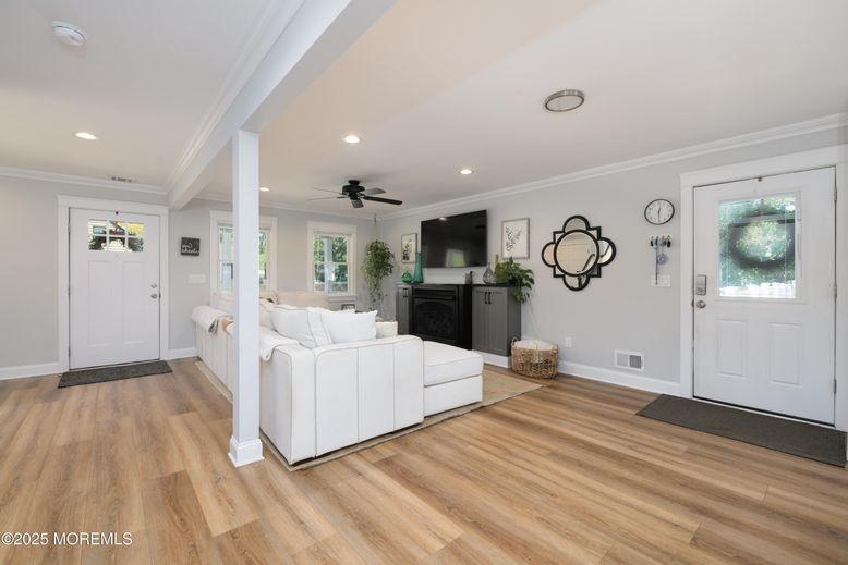 Fireplace, Interior, Living room, Recessed Lighting, Wood Texture Flooring