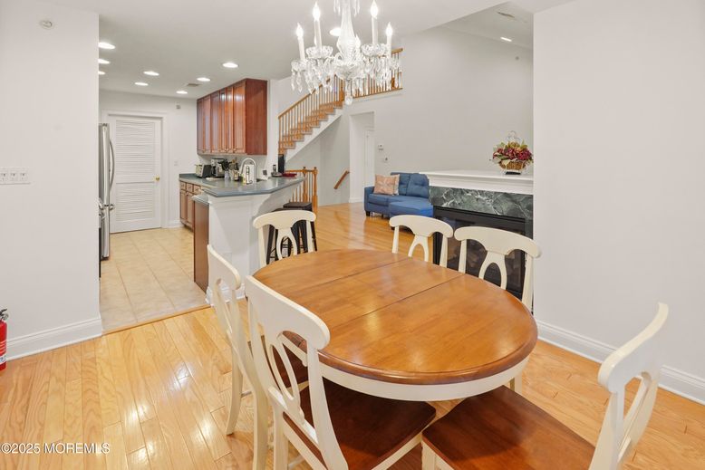Chandelier, Dining room, Interior, Kitchen, Recessed Lighting, Wood Texture Flooring