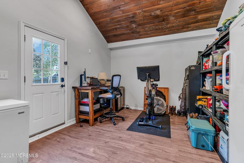 Fitness Equipment, Home Office, Interior, Wooden Ceilings, Wood Texture Flooring