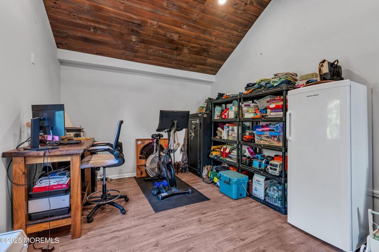 Fitness Equipment, Home Office, Interior, Recessed Lighting, Wooden Ceilings, Wood Texture Flooring