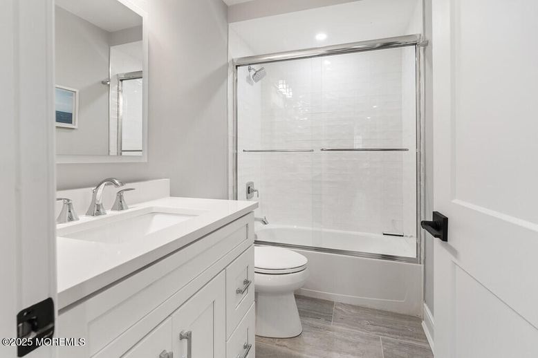 Bathroom, Glass Shower, Interior, Recessed Lighting, Wood Texture Flooring