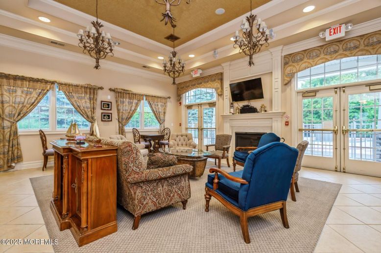 Chandelier, Dining room, Fireplace, Interior, Living room, Recessed Lighting