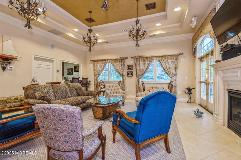 Chandelier, Fireplace, Interior, Living room, Recessed Lighting