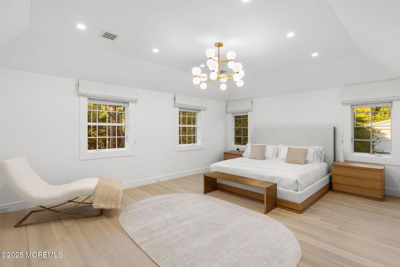 Bedroom, Chandelier, Interior, Pendant Lights, Recessed Lighting, Wood Texture Flooring
