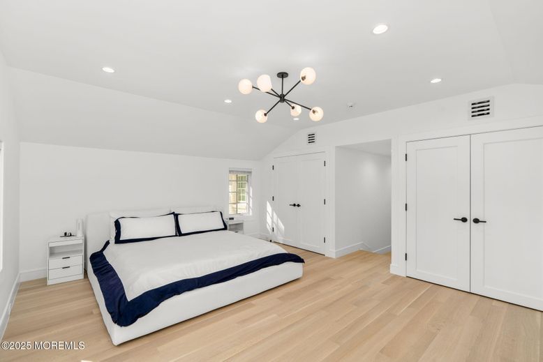 Bedroom, Interior, Pendant Lights, Recessed Lighting, Wood Texture Flooring