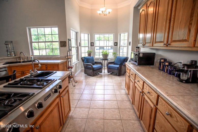Chandelier, Interior, Kitchen, Tile Countertops