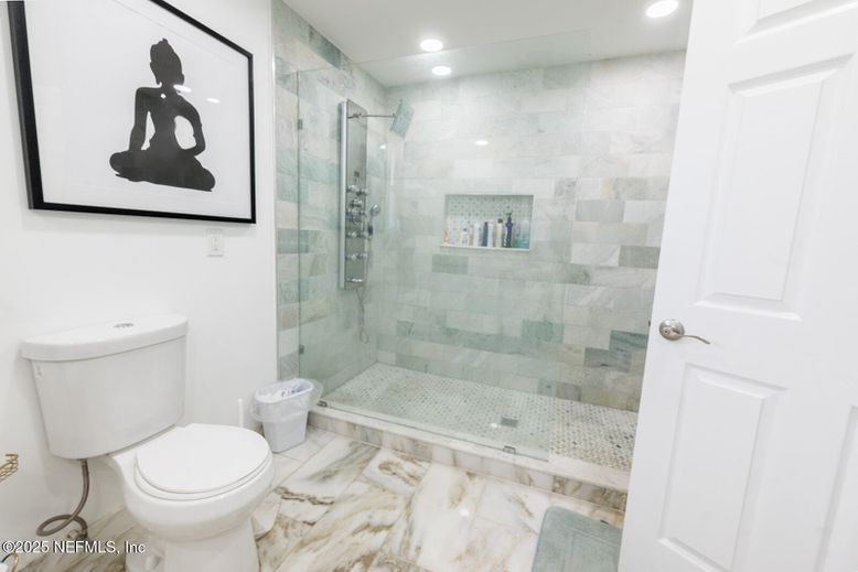 Bathroom, Glass Shower, Interior, Marble, Recessed Lighting