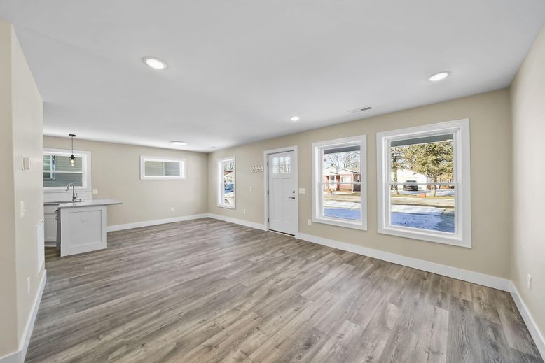 Empty room, Interior, Kitchen, Pendant Lights, Recessed Lighting, Wood Texture Flooring