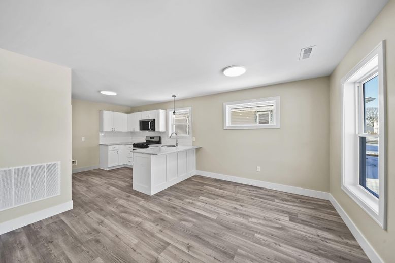 Empty room, Interior, Kitchen, Recessed Lighting, Wood Texture Flooring