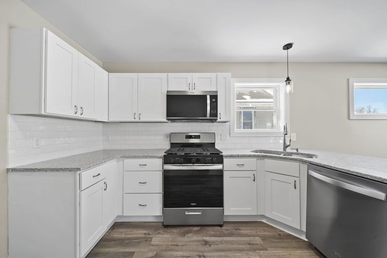 Interior, Kitchen, Pendant Lights, Stainless Steel Appliances, Wood Texture Flooring