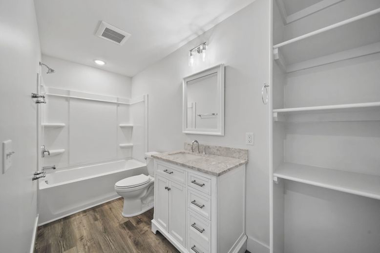 Bathroom, Interior, Recessed Lighting, Walk-in Closets, Wood Texture Flooring