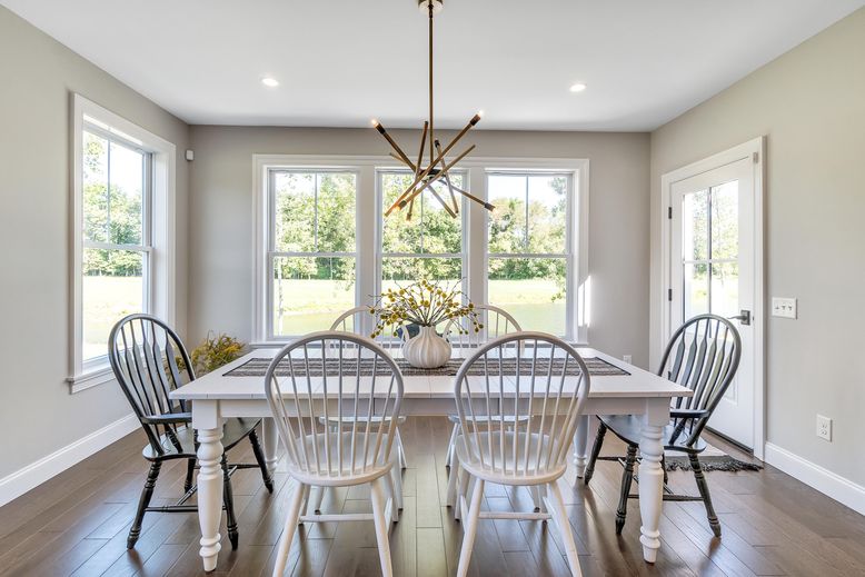 Dining room, Interior, Pendant Lights, Recessed Lighting, Wood Texture Flooring