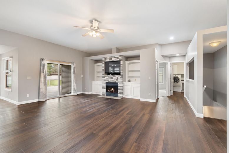 Empty room, Fireplace, Interior, Recessed Lighting, Wood Texture Flooring