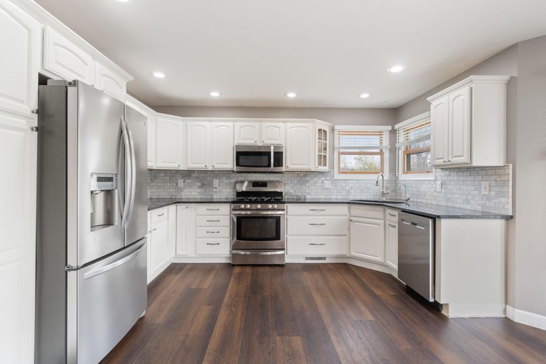 Interior, Kitchen, Recessed Lighting, Stainless Steel Appliances, Wood Texture Flooring