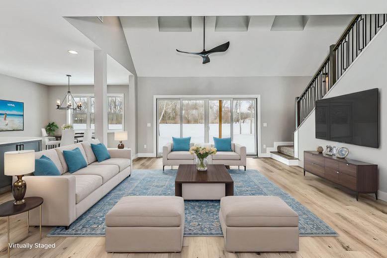 Dining room, Interior, Living room, Pendant Lights, Recessed Lighting, Wood Texture Flooring