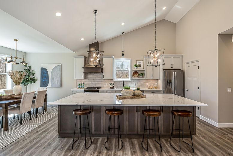 Dining room, Interior, Kitchen, Pendant Lights, Recessed Lighting, Stainless Steel Appliances, Wood Texture Flooring