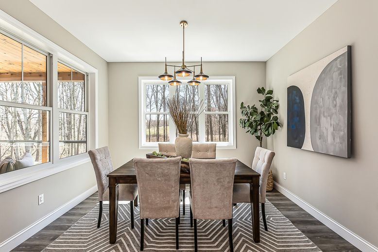 Dining room, Interior, Pendant Lights, Wood Texture Flooring