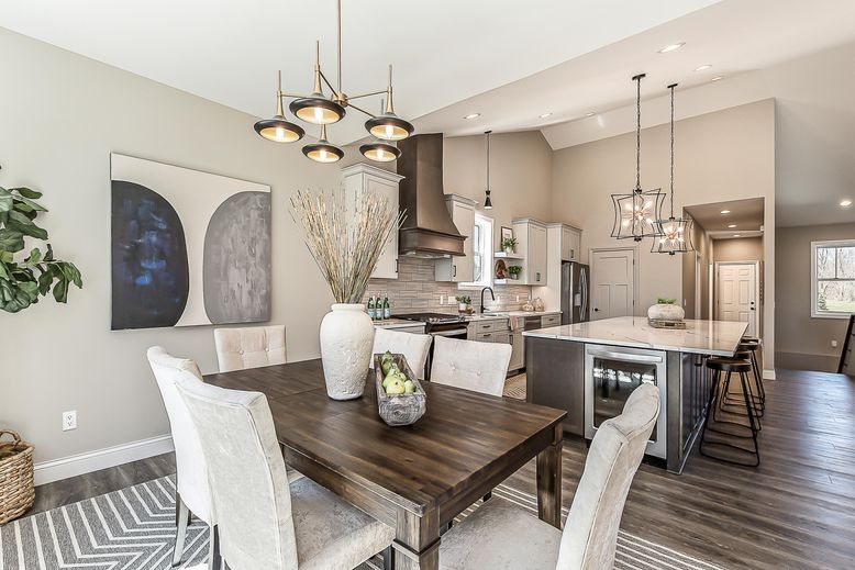 Dining room, Interior, Kitchen, Pendant Lights, Recessed Lighting, Stainless Steel Appliances, Wood Texture Flooring