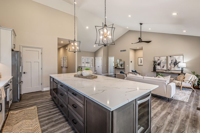 Interior, Kitchen, Living room, Pendant Lights, Recessed Lighting, Wood Texture Flooring
