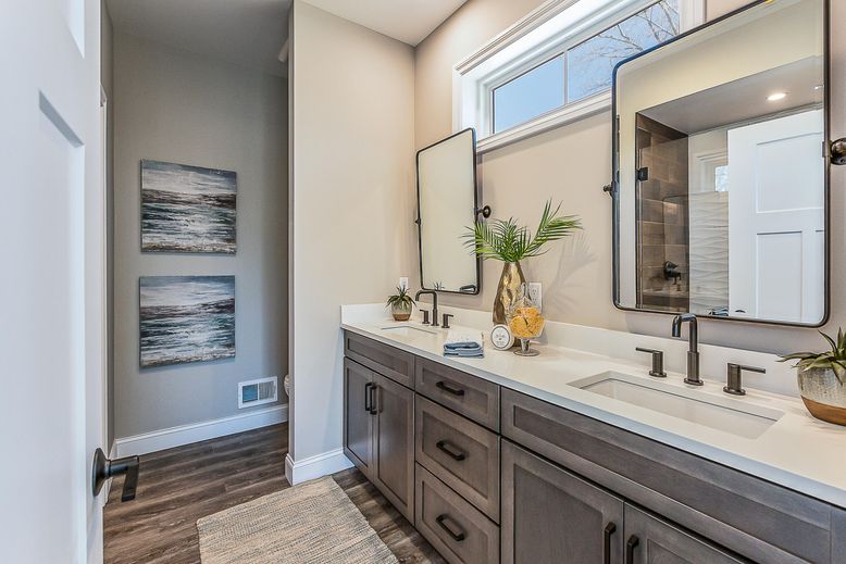 Bathroom, Dual Sink Vanities, Interior, Recessed Lighting, Wood Texture Flooring