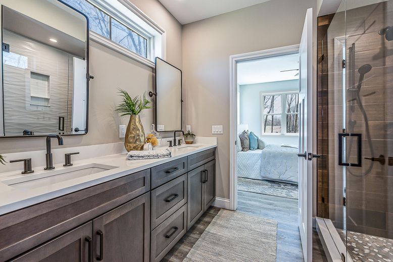 Bathroom, Dual Sink Vanities, Glass Shower, Interior, Recessed Lighting, Wood Texture Flooring