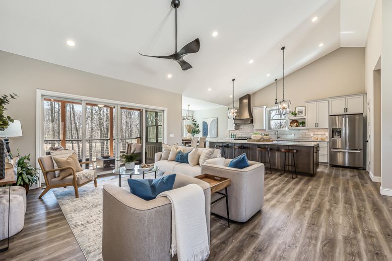 Dining room, Interior, Kitchen, Living room, Pendant Lights, Recessed Lighting, Stainless Steel Appliances, Wood Texture Flooring