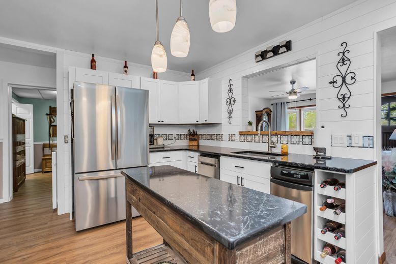 Interior, Kitchen, Pendant Lights, Stainless Steel Appliances, Wood Texture Flooring