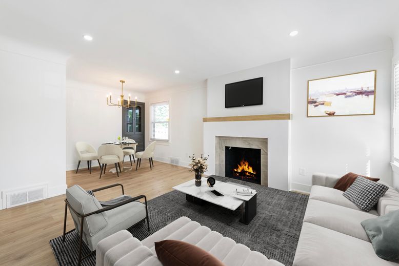 Dining room, Fireplace, Interior, Living room, Pendant Lights, Recessed Lighting, Wood Texture Flooring