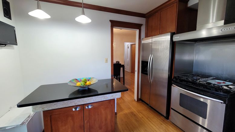 Interior, Kitchen, Pendant Lights, Stainless Steel Appliances, Wood Texture Flooring