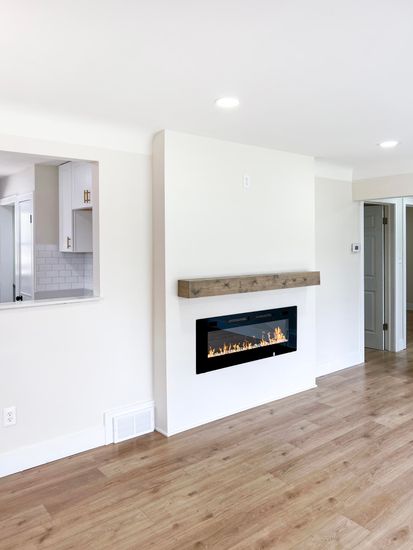 Empty room, Fireplace, Interior, Recessed Lighting, Wood Texture Flooring