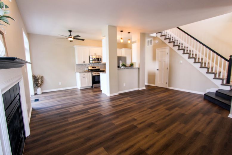 Fireplace, Interior, Kitchen, Pendant Lights, Wood Texture Flooring