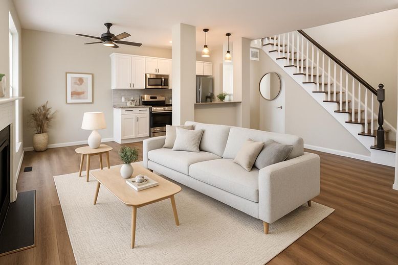 Fireplace, Interior, Kitchen, Living room, Pendant Lights, Recessed Lighting, Stainless Steel Appliances, Wood Texture Flooring