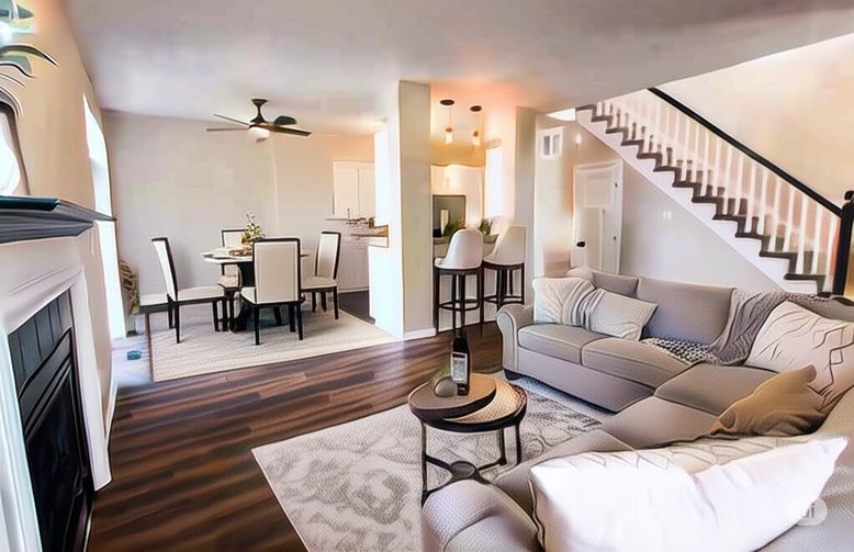 Dining room, Fireplace, Interior, Living room, Pendant Lights, Wood Texture Flooring