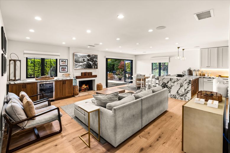 Dining room, Fireplace, Interior, Kitchen, Living room, Pendant Lights, Recessed Lighting, Wood Texture Flooring