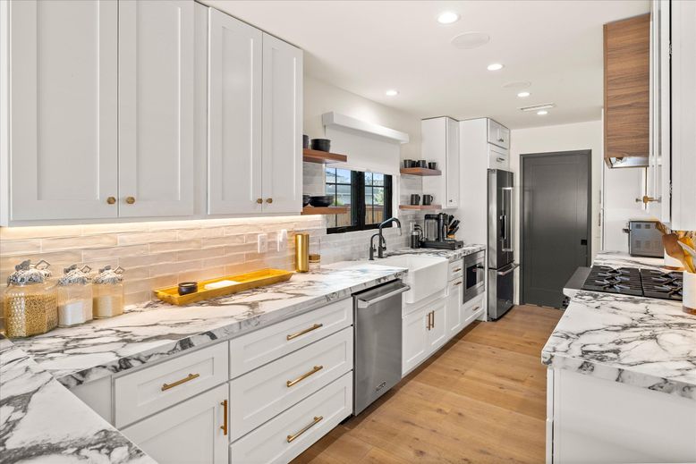 Interior, Kitchen, Recessed Lighting, Stainless Steel Appliances, Wood Texture Flooring