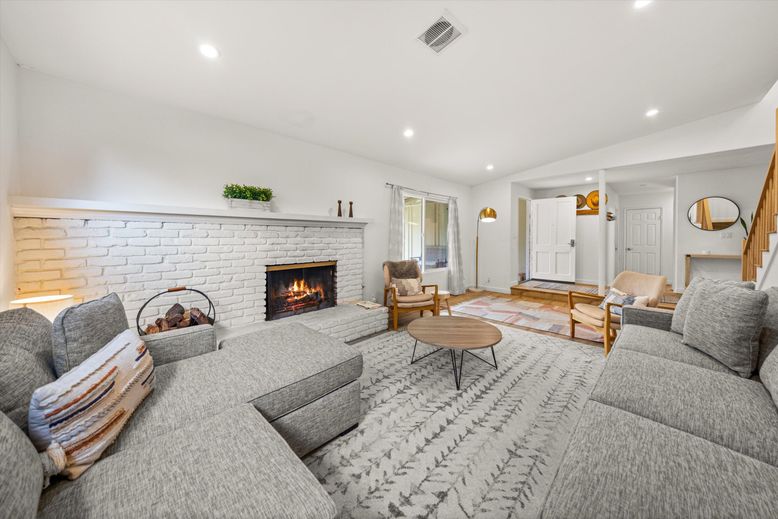 Fireplace, Interior, Living room, Recessed Lighting, Stone Walls