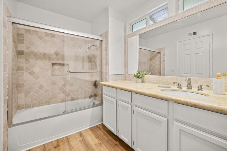 Bathroom, Glass Shower, Interior, Wood Texture Flooring