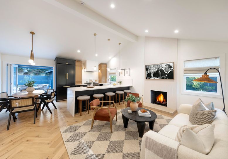 Dining room, Fireplace, Interior, Kitchen, Living room, Pendant Lights, Recessed Lighting, Wood Texture Flooring