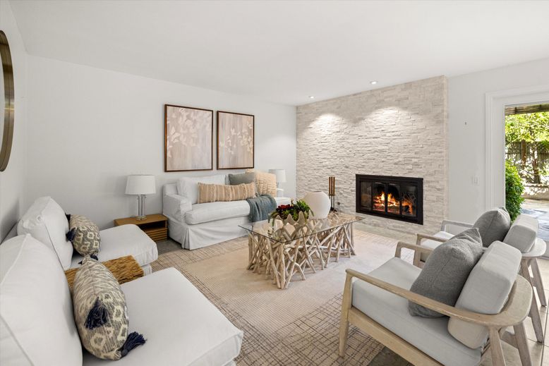 Fireplace, Interior, Living room, Recessed Lighting, Stone Walls