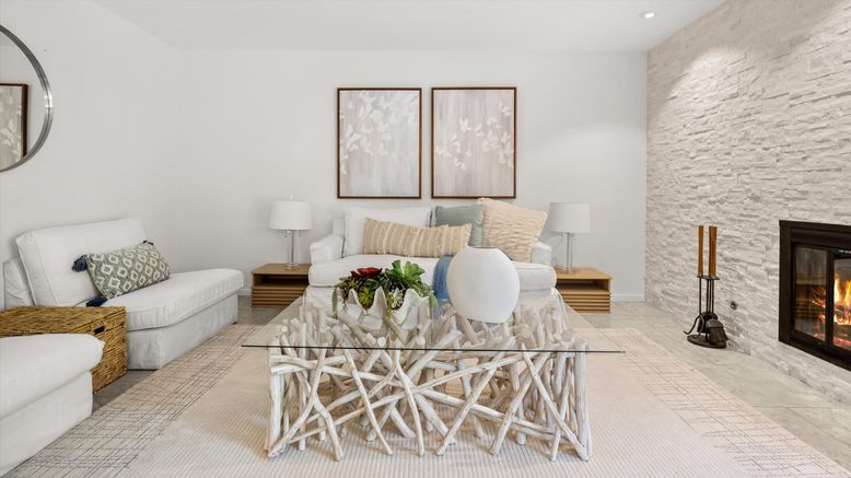 Dining room, Fireplace, Interior, Living room, Recessed Lighting, Stone Walls