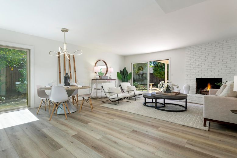 Dining room, Fireplace, Interior, Living room, Pendant Lights, Stone Walls, Wood Texture Flooring