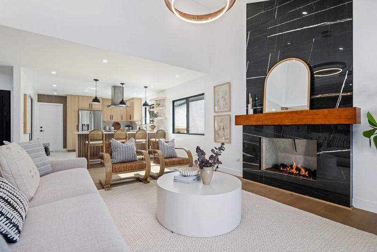Fireplace, Interior, Kitchen, Living room, Pendant Lights, Recessed Lighting, Wood Texture Flooring