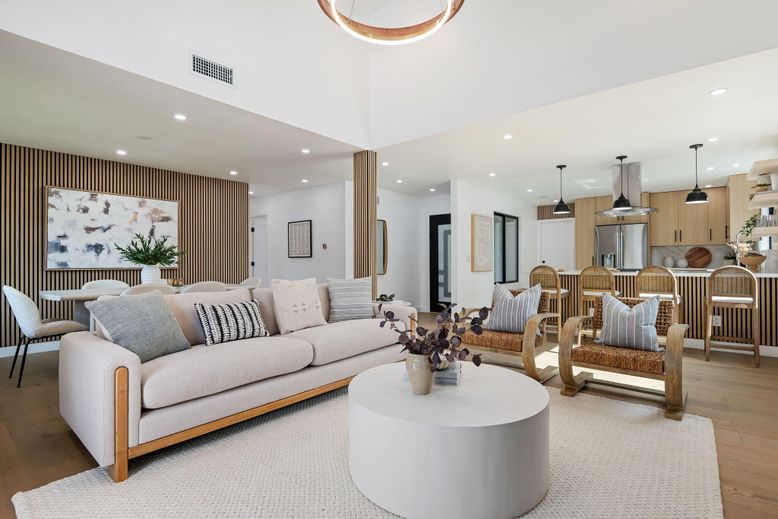 Interior, Kitchen, Living room, Pendant Lights, Recessed Lighting, Wood Texture Flooring