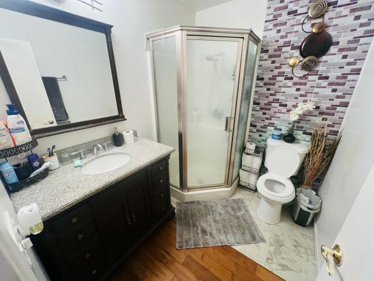 Bathroom, Glass Shower, Interior, Marble, Wood Texture Flooring