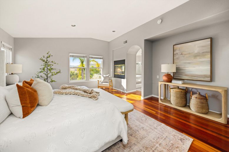 Bedroom, Fireplace, Interior, Recessed Lighting, Wood Texture Flooring