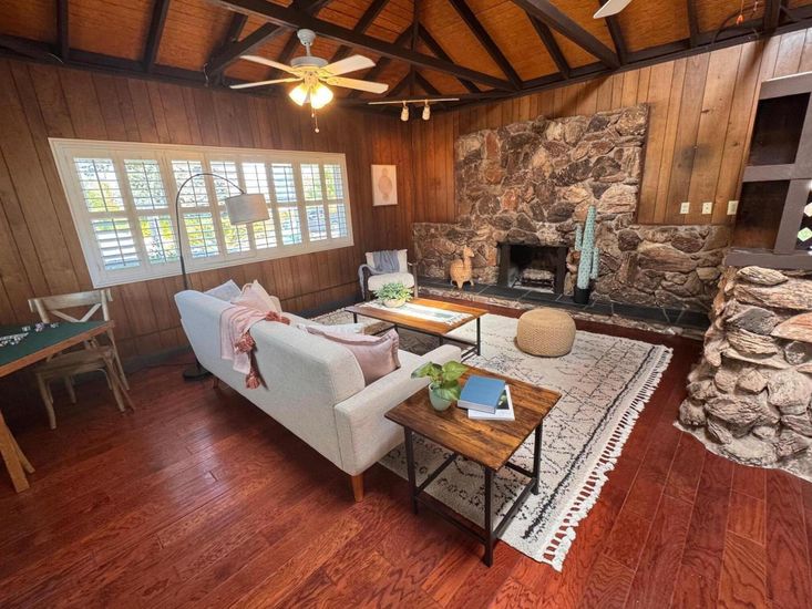 Fireplace, Interior, Living room, Stone Walls, Wooden Beams, Wooden Ceilings, Wood Texture Flooring, Wooden Walls