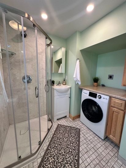 Bathroom, Glass Shower, Interior, Recessed Lighting, Washer