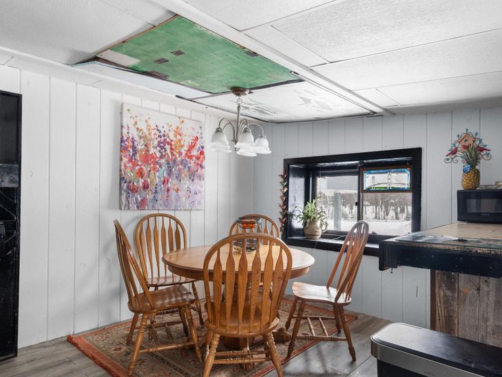 Dining room, Interior, Pendant Lights, Wood Texture Flooring