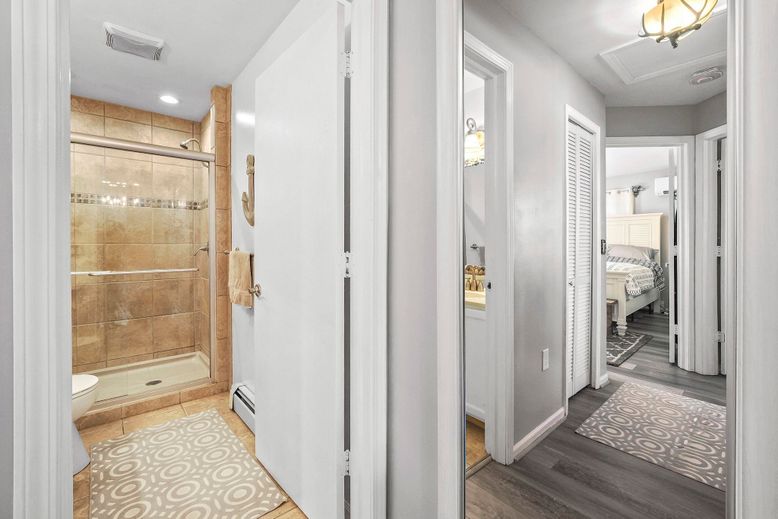 Bathroom, Glass Shower, Interior, Recessed Lighting, Wood Texture Flooring
