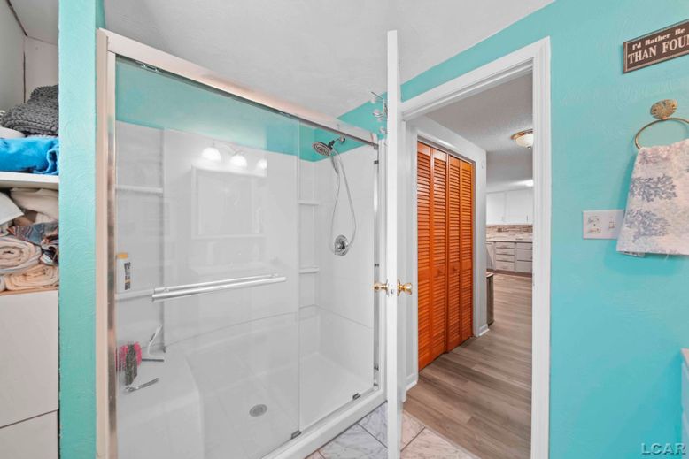 Bathroom, Glass Shower, Interior, Wood Texture Flooring